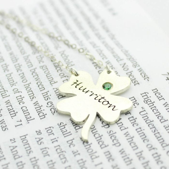 Personalisierte Sterling Silber 925 Gravierte Blattform Halskette mit Geburtsstein mit Namen, Initialen und Buchstaben - My Design List - Deutsch - 1