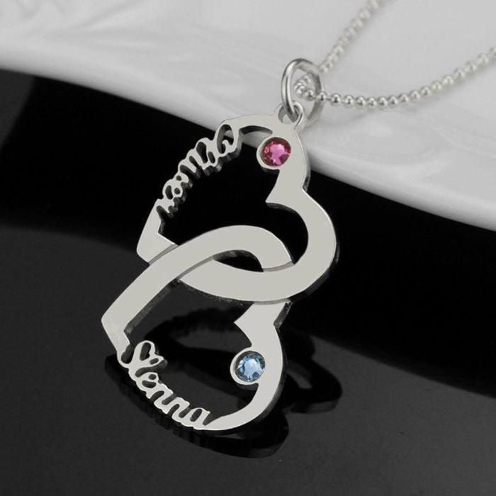 Collar de cadena de corazón de plata esterlina 925 con 2 piedras de nacimiento y 2 nombres personalizado con nombre, letra y iniciales - My Design List - Español - 1