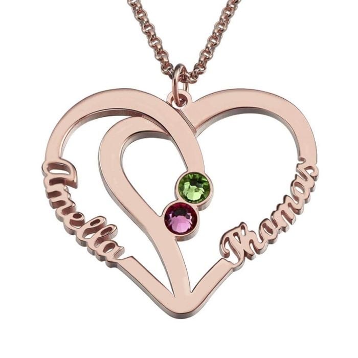 Collar de corazón con nombre de plata de ley 925 con 2 piedras de nacimiento y 2 nombres personalizado con nombre, letra y iniciales - My Design List - Español - 1