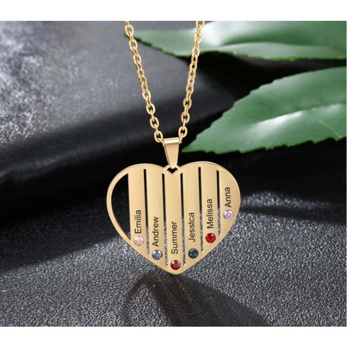 Collar de corazón grabado familiar chapado en oro rosa / plata / oro con piedra de nacimiento personalizado con nombre, iniciales y letra - My Design List - Español - 1