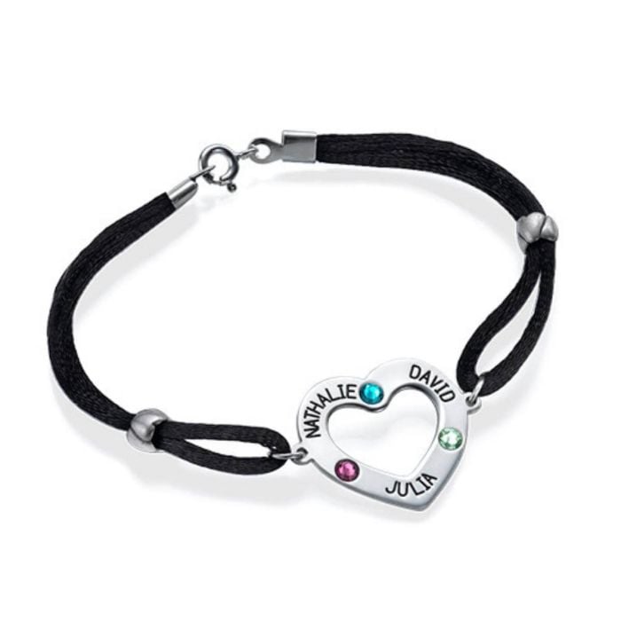 Pulsera de plata de ley 925 con corazón grabado y piedra de nacimiento personalizado con nombre, iniciales y letra - My Design List - Español - 1