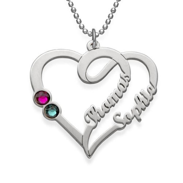 Collar con nombre de corazón de plata de ley 925 / cobre con piedra de nacimiento personalizado con nombre, iniciales y letra - My Design List - Español - 1