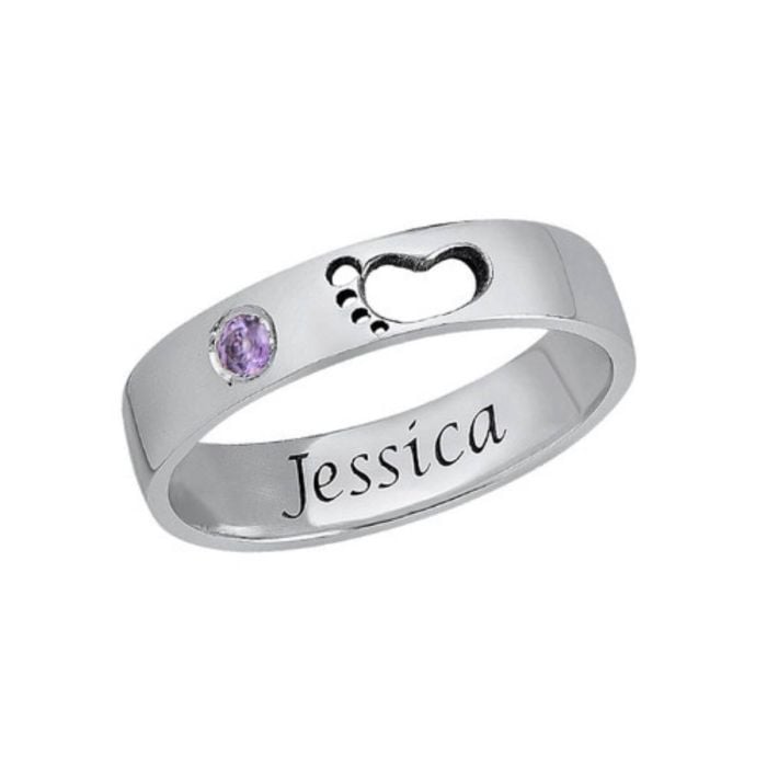 Anillo De Plata De Ley 925 Grabado Con Piedra De Nacimiento Y Huella personalizado con nombre, iniciales y letra - My Design List - Español - 1