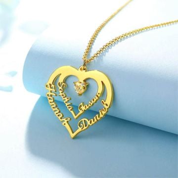 Collar de corazón de plata de ley 925 con 1 piedra de nacimiento y 4 nombres personalizado con nombre, iniciales y letra
