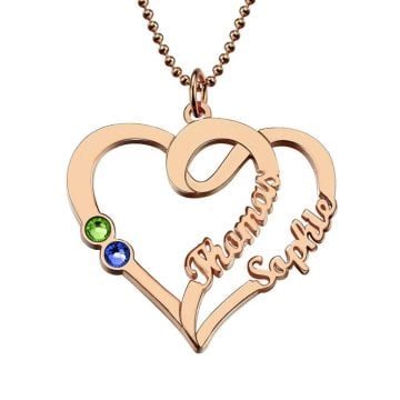 Collar de Corazón de Plata de Ley 925 con 2 Piedras de Nacimiento y 2 Nombres personalizado con nombre, letra e iniciales