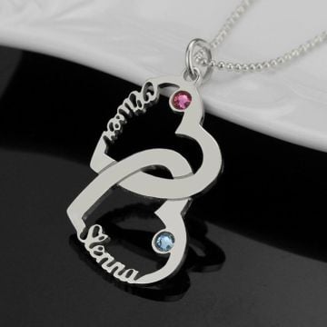 Collar de cadena de corazón de plata esterlina 925 con 2 piedras de nacimiento y 2 nombres personalizados con nombre, letra y iniciales