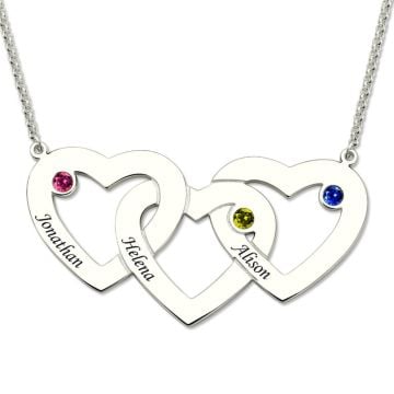 Collar de plata de ley 925 con 3 corazones grabados y piedra de nacimiento personalizada con nombre, letra y iniciales