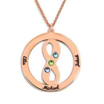 Collar infinito familiar de plata esterlina 925 con piedra de nacimiento personalizada con nombre, iniciales y letra