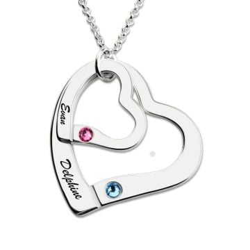 Collar de corazón grabado familiar de plata esterlina 925 con piedra de nacimiento personalizado con nombre, letra y iniciales