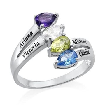 Anillo de Plata de Ley 925 Grabado con 4 Piedras de Nacimiento y 4 Nombres Personalizado con Nombre, Letra y Iniciales