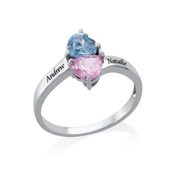 Anillo de compromiso de plata de ley 925 grabado con piedra de nacimiento personalizado con nombre, iniciales y letra