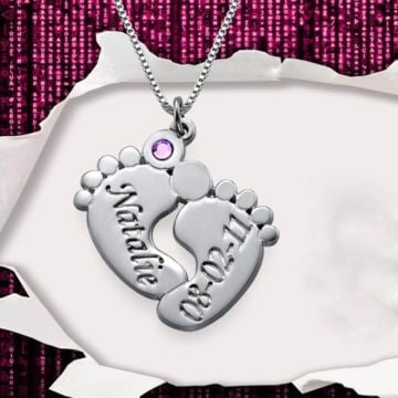 Collar de Plata de Ley 925 Grabado con Piedra de Nacimiento y Huella personalizado con nombre, iniciales y letra