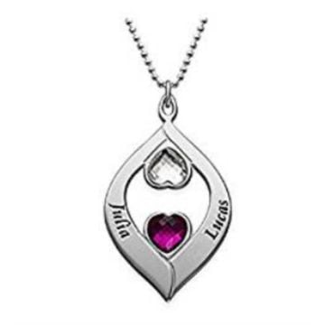 Collar de corazón grabado de plata de ley 925 con piedra de nacimiento personalizado con nombre, iniciales y letra