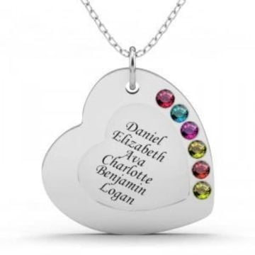 Collar de corazón grabado familiar de plata esterlina 925 con piedra de nacimiento personalizado con nombre, letra y iniciales
