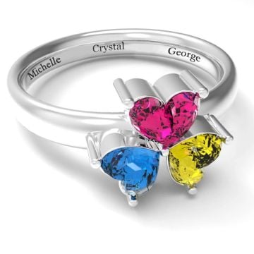 Anillo de Plata de Ley 925 grabado con 3 piedras de nacimiento y 3 nombres personalizado con nombre, letra y iniciales