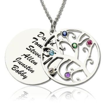 Collar de árbol genealógico grabado de plata de ley 925 con piedra de nacimiento personalizada con nombre, letra y iniciales