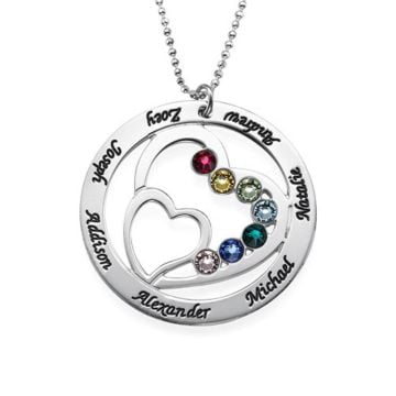 Collar de cadena familiar de corazón grabado de plata de ley 925 con piedra de nacimiento personalizado con nombre, letra y iniciales