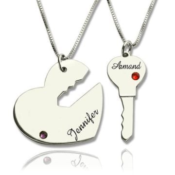 Regalos personalizados para esposa - Collar de pareja de plata de ley 925 con corazón grabado y llave con piedra de nacimiento personalizada con nombre, iniciales y letra