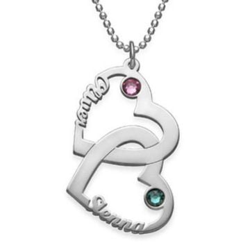 Collar de pareja de corazón grabado de plata de ley 925 con piedra de nacimiento personalizado con nombre, letra y iniciales