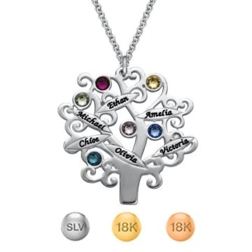 Collar de árbol genealógico grabado en plata de ley 925 con piedras de nacimiento personalizado con nombres, iniciales y letras