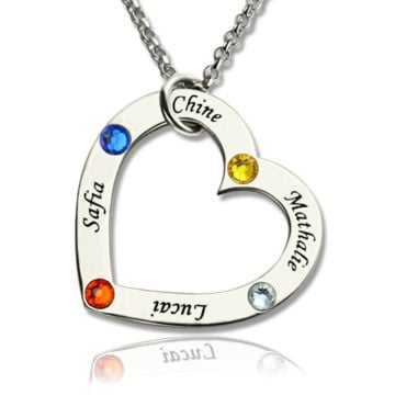 Collar de plata de ley 925 con corazón grabado y piedra de nacimiento personalizado con nombre, iniciales y letra