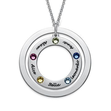 Collar familiar grabado en plata de ley 925 con piedra de nacimiento personalizado con nombre, letra y iniciales