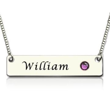 Collar de plata de ley 925 con barra grabada y piedra de nacimiento personalizado con nombre, iniciales y letra