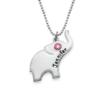 Collar de Elefante Grabado en Plata de Ley 925 / Cobre con Piedra de Nacimiento personalizado con nombre, iniciales y letra