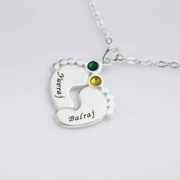 Regalos personalizados para niños - Collar de Huella de Pareja Grabada en Plata de Ley 925 con Piedras de Nacimiento personalizado con nombre, iniciales y letra
