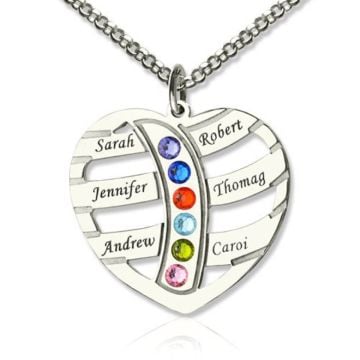 Collar de corazón grabado de plata de ley 925 con 6 piedras de nacimiento personalizado con nombre, iniciales y letra