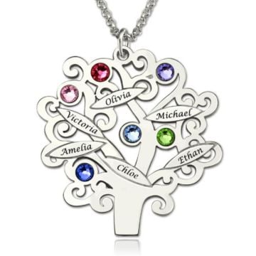Collar con colgante familiar grabado en plata de ley 925 con piedra de nacimiento personalizado con nombre, letra y iniciales