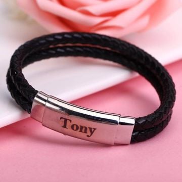 Pulsera tejida grabada de plata esterlina 925 para hombres personalizada con nombre, letra y iniciales