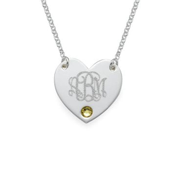 Cobre / Plata de ley 925 Collar de corazón grabado con piedra de nacimiento personalizado con nombre, letra e iniciales