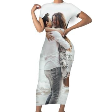 Vestido longo feminino de manga curta com foto personalizadas