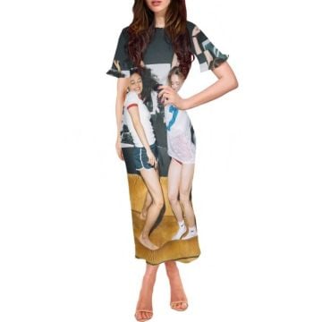 Vestido longo manga curta com babados com foto personalizadas
