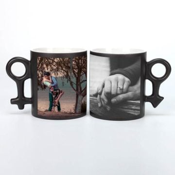 Tazze da caffè nere da 11 once con simbolo di coppia personalizzato con foto