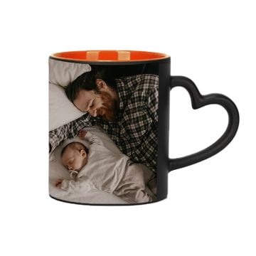 Taza Mágica Naranja Interior 11 Oz con Mango en Forma de Corazón personalizado con foto y letra