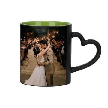 Magische mok groen binnen 11 Oz met hartvormig handvat ontwerpen en bedrukken met foto