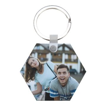 Personalisierter sechseckiger MDF-Schlüsselanhänger mit Foto und Design selbst gestalten