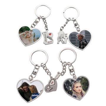 2 llaveros con forma de corazón a juego con foto personalizada