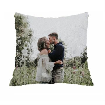 40 x 40 cm (15.7 "x 15.7") Funda de almohada / almohada cuadrada de lentejuelas reversibles personalizada con foto y letra