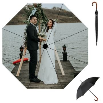 Paraguas de madera con mango en forma de J y apertura automática de 41 pulgadas con foto personalizada