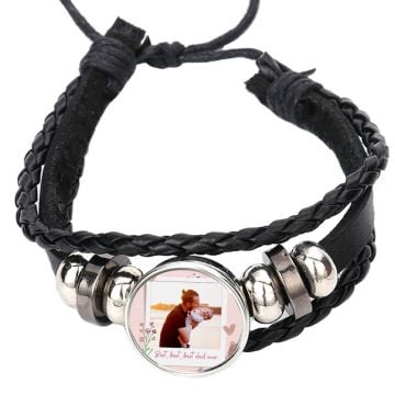 Regalos personalizados para papá - Pulsera Foto Trenzada Cordones de Cuero Negro personalizada con foto y letra