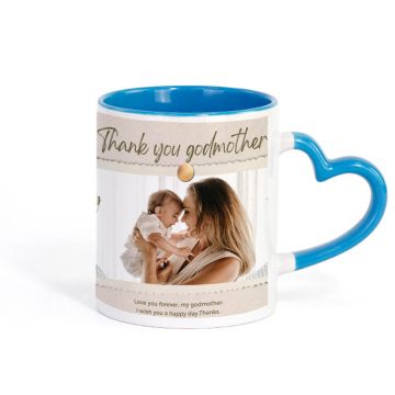 Regalos personalizados para madrina - Taza azul interior 12 oz con asa corazón personalizada con foto y letra