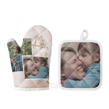 Regalos personalizados para madrina - Juego de manoplas y agarraderas para horno con borde blanco personalizado con foto y letra