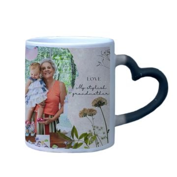Cadeau personnalisé pour grand-mère / mamie - Mug Magique Noir Mat 12 Oz Poignée Cœur personnalisée avec photo