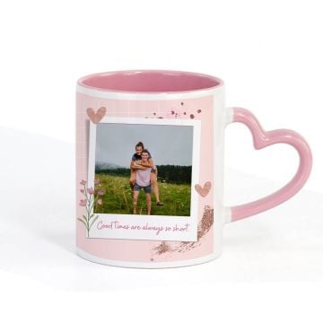 Personalized Gifts for Her / Women / Girls - Custom Made Heart Handle Mug With Pink Interior 12 Oz With Your Own Photos, Texts, Design, etc.