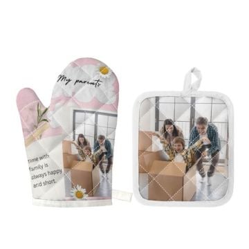 Regalos personalizados para padres - Juego de manoplas y agarraderas para horno con borde blanco personalizado con foto y letra
