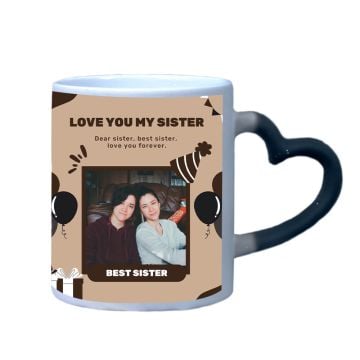 Regali personalizzati per la sorella - Tazza magica nera opaca con manico a cuore da 12 once personalizzata con foto