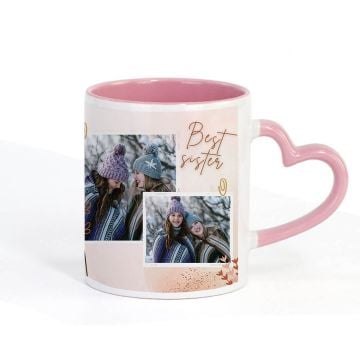 Regalos personalizados para hermanas - Taza con asa de corazón e interior rosa 12 oz con foto personalizada
